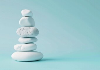 Obraz premium Stacked white stones on a soft blue background, symbolizing balance and tranquility