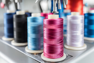 Close-up of colorful spools of sewing thread
