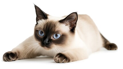 Siamese Cat Stretching With Intense Blue Eyes On White Background
