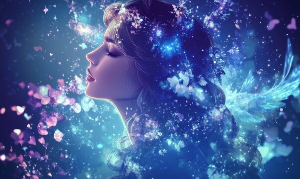 Enchanting Virgo Zodiac Artwork: Celestial Maiden with Magical Starry Aura. Abstract Cosmic Portrait Symbolizing Purity, Wisdom, and Analytical Nature. Ideal for 4K Wallpapers, Astrological Themes, an