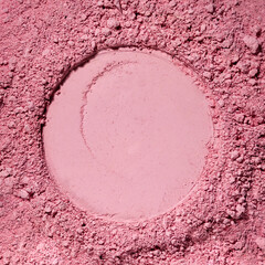 Background texture round swatches of cosmetic pink clay kaolin, shadows, blush powder. Natural face...