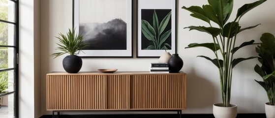 Contemporary living room featuring a wooden sideboard, green indoor plants, and minimalist black decor. Perfect for home decor, interior design inspiration, and stylish living spaces.