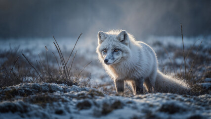 Naklejka premium Volpe artica maschio in un panorama innevato in inverno
