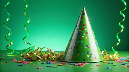 Green Party Hat with Confetti and Streamers, party , celebration , festive , decor
