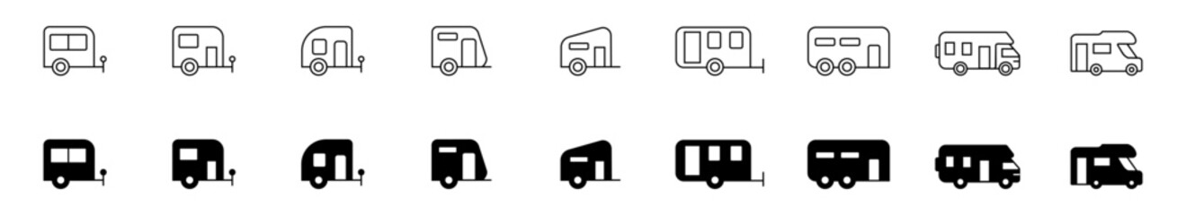 Set of icons camping car or trailer for camping in line style flat silhouette.