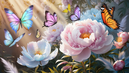 Butterflies with iridescent wings hover around a large peony, basking in the soft morning light in a picturesque garden.