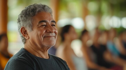 senior yoga class, elderly individuals practice restorative yoga with a compassionate hispanic teacher in a tranquil community center, focusing on gentle stretches and deep breaths