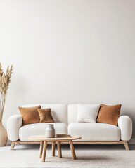 Minimalist Scandinavian luxury living room in neutral colors with minimal ornaments. Scandinavian Real Estate interior design composition with copyspace.