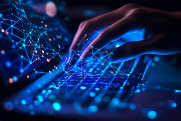 An abstract digital background showcasing a hand on a laptop keyboard