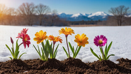Bright flowers stand out against a snowy backdrop, showcasing the vibrant colors of spring with the snowy mountains in the distance.