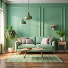 Living Room with Green Walls and Sofa, Two Green Pendant Lamps, Wood Floor, Modern Design, Interior Design, Home Decor, Green