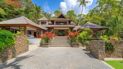 Obraz premium A tropical house with stone steps and a cobblestone path, surrounded by lush greenery.