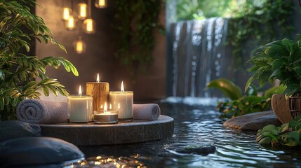 Tranquil spa scene featuring floating candles, soft towels, and lush greenery beside a soothing waterfall.