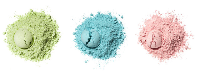 Set texture round swatches of cosmetic green pink blue clay, kaolin, eye shadow, powder on a white...