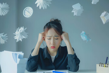 Stressed woman overwhelmed with paperwork and deadlines
