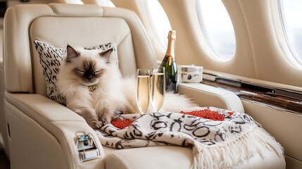 Luxury Siamese Cat Relaxing in Private Jet with Champagne