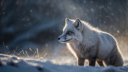 Obraz premium Volpe artica maschio in un panorama innevato in inverno