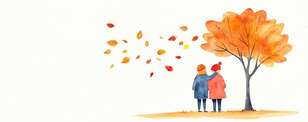 A serene autumn scene featuring two figures admiring falling leaves under a vibrant tree. Perfect for seasonal themes.