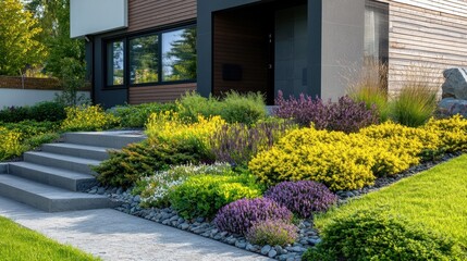 Fototapeta premium Modern house with stone steps and beautiful flowerbeds with green grass and stones.