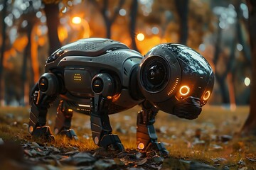 Futuristic Robot Dog in Autumn Forest 3D Illustration