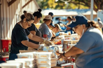 Fototapeta premium Volunteers Distributing Food Packages at an Outdoor Event
