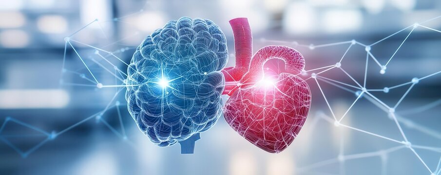 Brain and heart interconnected with highlighted areas showing numbness and weakness, stroke, cardiovascular disease, symptom visualization