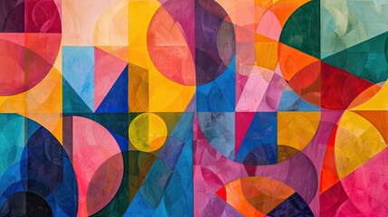 Fototapeta premium An artistic composition with a repeating pattern of geometric shapes, including circles and triangles, in a vivid, contrasting color palette