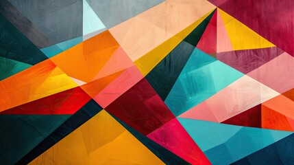 A bold geometric design with sharp angles and vibrant colors, creating a sense of energy and movement