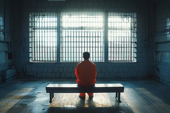 Prison Cell Scene with a Man in Orange Sitting Alone on a Bench, Viewed from the Back, Representing Imprisonment