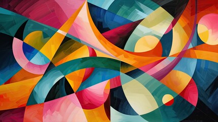 Fototapeta premium An abstract artwork featuring a dynamic interplay of geometric shapes and lines in bright, contrasting colors, creating a visually engaging composition