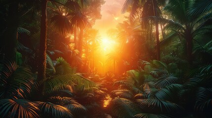 Tropical forest with palm trees at sunrise nature background