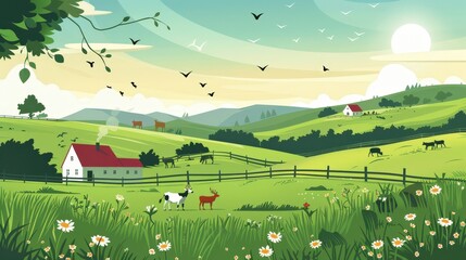 Imagine a vector graphic of a serene countryside scene. Describe the rolling hills, farmhouses, and animals that make it picturesque and calming