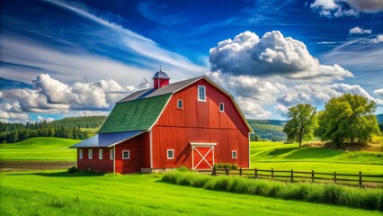Obraz premium Red Barn in a Green Field, a Composition of Vibrant Colors and Lush Scenery, Wide-Angle Perspective, Rural Idyll, Farmhouse, Countryside , farm