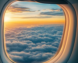 Sunset Grandeur: A Spectacular View Through an Airplane Window, Highlighting the Majestic Colors of the Setting Sun