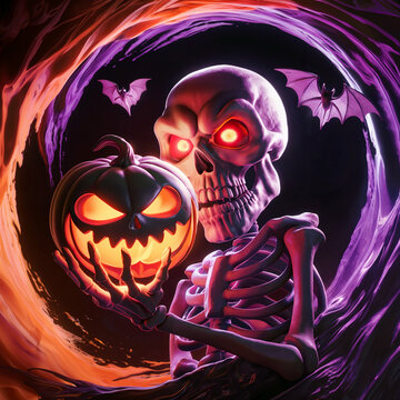 halloween skeleton with horrible smiley pumpkin with dark background generative ai 