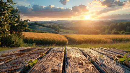 Fototapeta premium Wooden table in front of summer landscape with fields and sunset