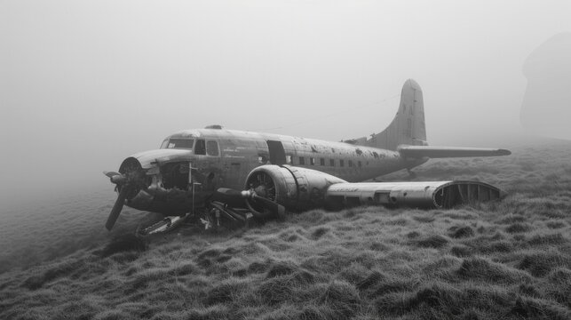 A plane is sitting on the ground in a field