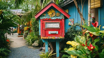 A brightly painted red and blue mailbox decorated with flowers sits on a wooden stand in a lush tropical garden.