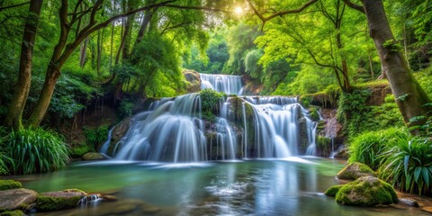 Serene Waterfall Cascading Through Lush Green Forest, Waterfall , Forest , Nature , Tranquility