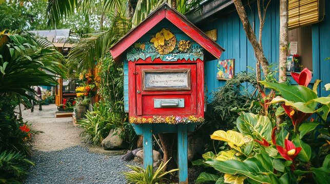 A brightly painted red and blue mailbox decorated with flowers sits on a wooden stand in a lush tropical garden.