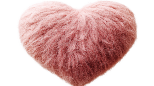 a pink color wool heart shape pillow, transparent background, PNG style, no background