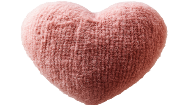 a pink color wool heart shape pillow, transparent background, PNG style, no background - Powered by Adobe