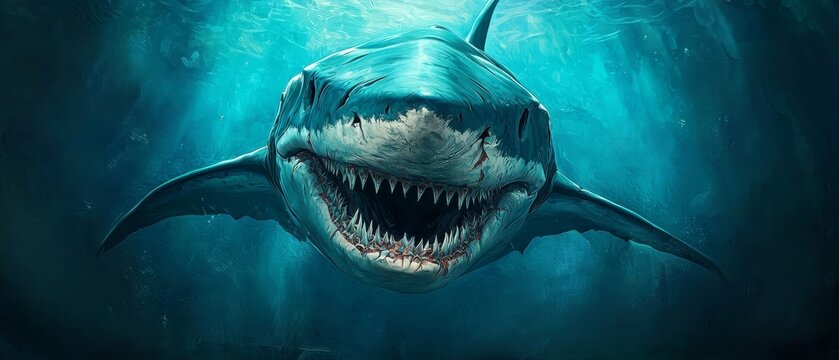 A majestic shark gliding through deep water, showcasing its powerful fins and sharp teeth in a thrilling underwater scene.