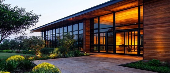 Fototapeta premium A modern house exterior with large windows, warm lighting, and landscaped garden at dusk, showcasing contemporary architecture.