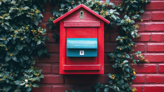 A red wooden mailbox with a blue flap is mounted on a red brick wall with ivy growing on the sides. - Powered by Adobe