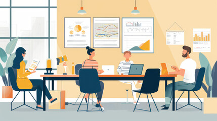 Colleagues working together on creative projects in a modern conference room