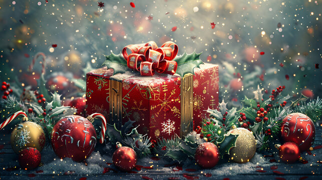 Festive Christmas Gift Box with Red Ribbon and Sparkling Decorations for a Merry Holiday Surprise