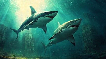 Naklejka premium A stunning underwater scene featuring two majestic sharks swimming gracefully in an ancient sunken landscape.
