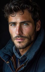A man with a beard and blue eyes is wearing a black jacket. He has a serious expression on his face