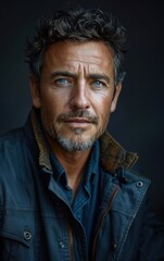 Obraz premium A man with a beard and blue eyes is wearing a blue jacket. He is smiling and looking at the camera